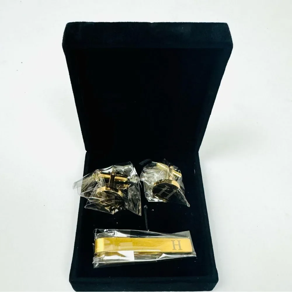 H Initial Cufflinks and Tie Clip Set for Men